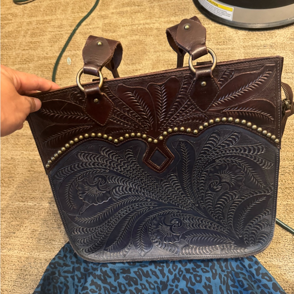 Brown and blue Leather Bag anabaglish